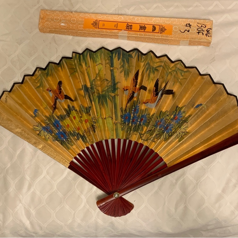 Vintage Hand Painted Chinese Folding Fan in Gold and Red
